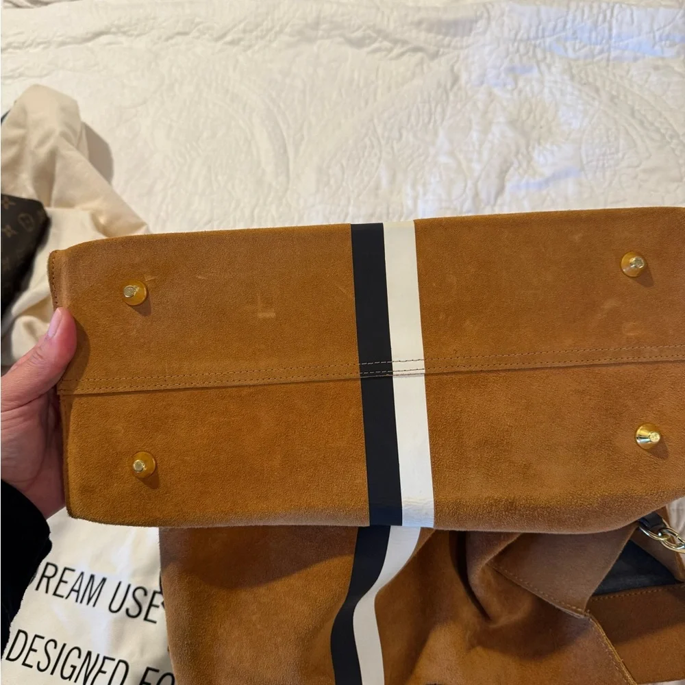 Elegant Tan Suede Satchel with Black and White Stripe - Picture 6 of 6